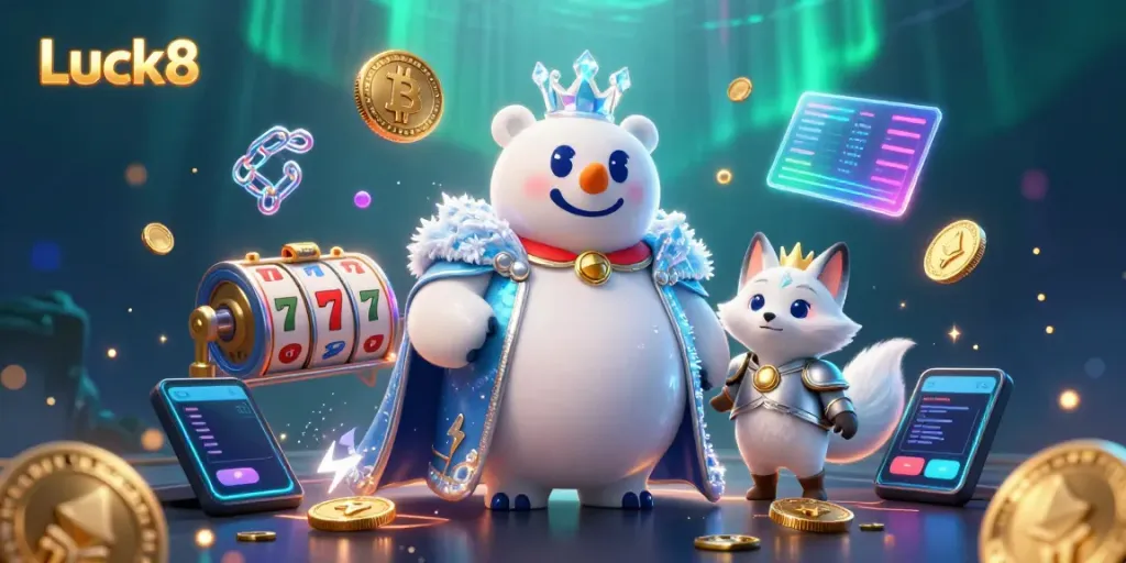 Engage with Luck8's vibrant casino world featuring a polar bear and snow fox amidst dynamic casino elements.