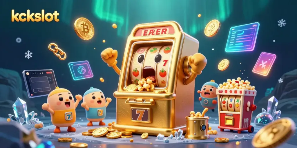 Permainan kckslot yang meriah dengan mesin slot dan koin bersinar.