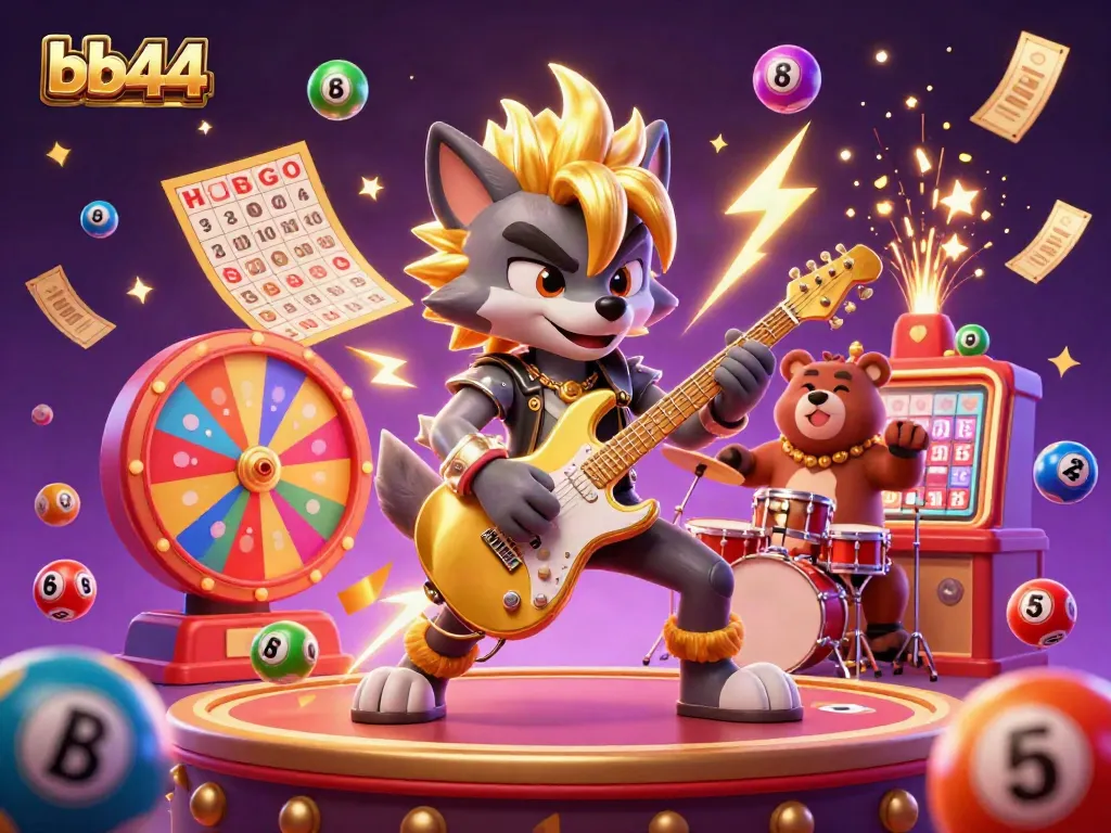 bb44 vibrantly showcases a cartoon wolf rock star and drummer bear in a dynamic casino scene.