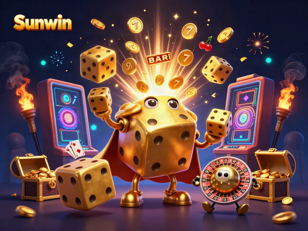 Sunwin's vibrant online casino experience with a golden dice golem, jackpot slot machine, and rich animated elements.
