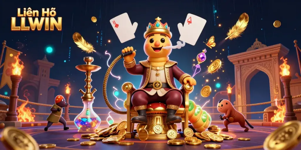 Engage with Liên Hệ LLWIN through a vibrant illustration of a casino scene full of dynamic characters.