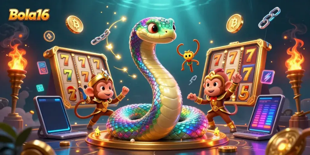 Experience the vibrant energy of Bola16's dynamic online casino themed illustration featuring a rainbow serpent and monkey king.