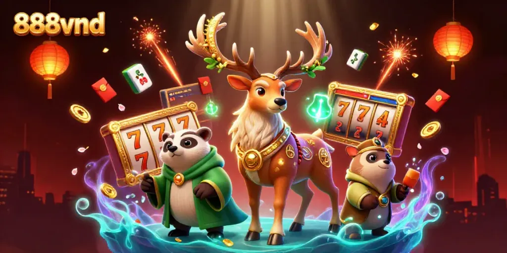 Experience thrilling wins at 888vnd with vibrant casino elements and mythical characters.