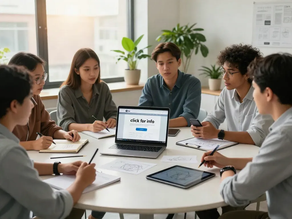 Team collaboration in a modern office with 'click for info' button highlighted on laptop.
