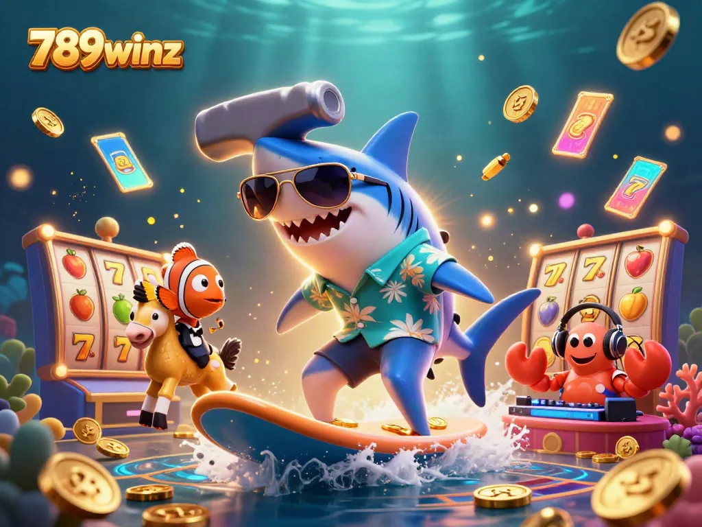 Engage with 789winz through a vibrant, energetic scene featuring a shark and seahorse amidst gold coins and slot symbols.