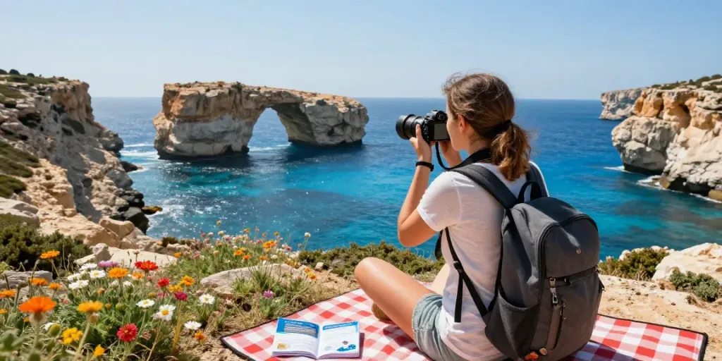 Stunning Malta Gozo tour view at the Azure Window with a traveler capturing the scenic beauty.