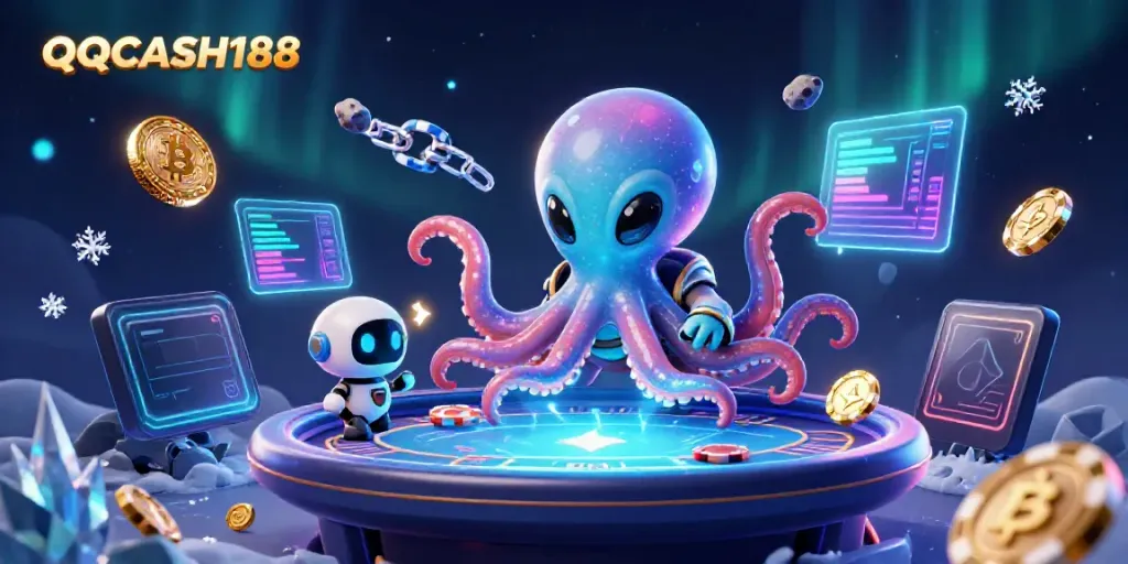 Engage with QQCASH188's vibrant alien-themed poker showdown, featuring crypto icons and galactic elements.