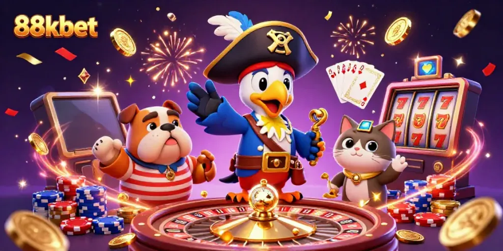 Engaging 88kbet online casino scene with vibrant characters, sparkling elements, and winning visuals.