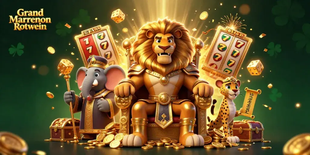 Win big with Grand Marrenon Rotwein in a rich casino illustration featuring vibrant characters and dynamic game elements.