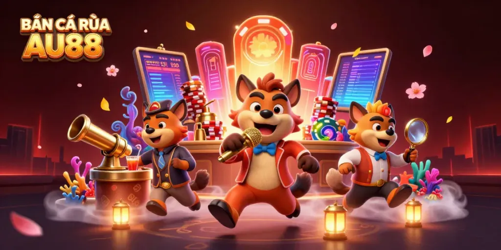 BẮN CÁ RÙA XANH AU88: Hyenas running a comedic casino scene with colorful aquatic elements.