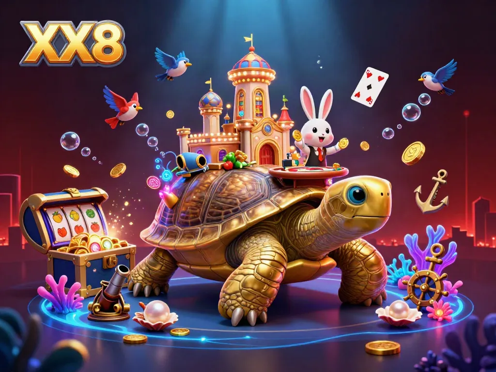 Engage in thrilling gameplay at XX8 casino, featuring a vibrant tortoise palace, a rabbit dealer, and flying golden coins.