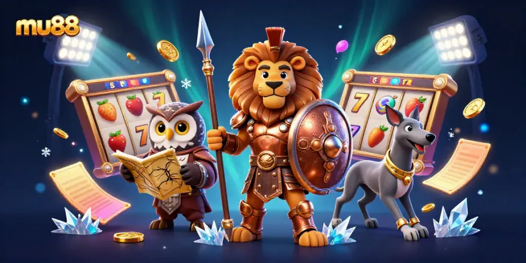 Experience the thrilling atmosphere of mu88 with a dynamic and vibrant casino scene featuring exciting game elements.