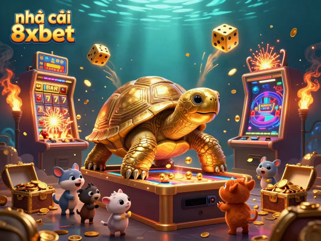 Experience excitement at the nhà cái 8xbet with a vibrant illustrated casino scene full of games and fun!