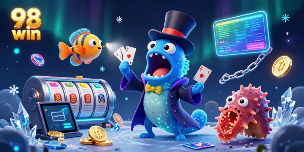 Experience the thrill of 98 win with a magical sea-themed casino illustration showcasing vibrant characters and elements.