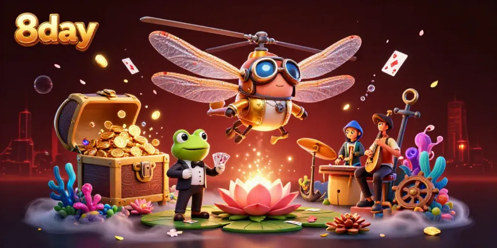 Experience thrilling action with 8day as a dragonfly pilot navigates a vibrant casino scene.