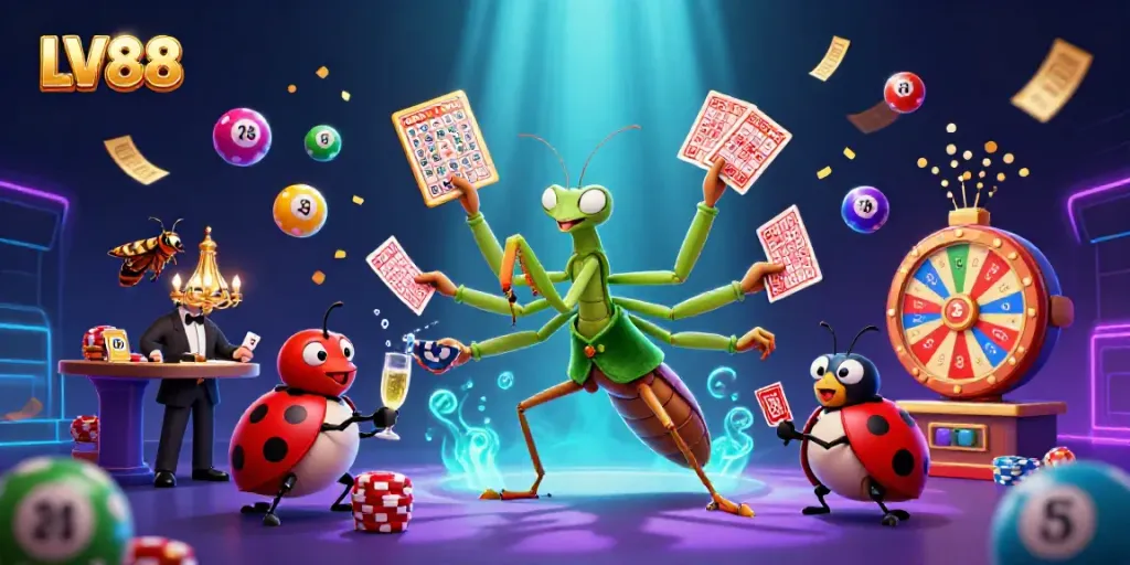 LV88 showcases a giant praying mantis card sharp and ladybug pit boss amidst vibrant lottery game elements.