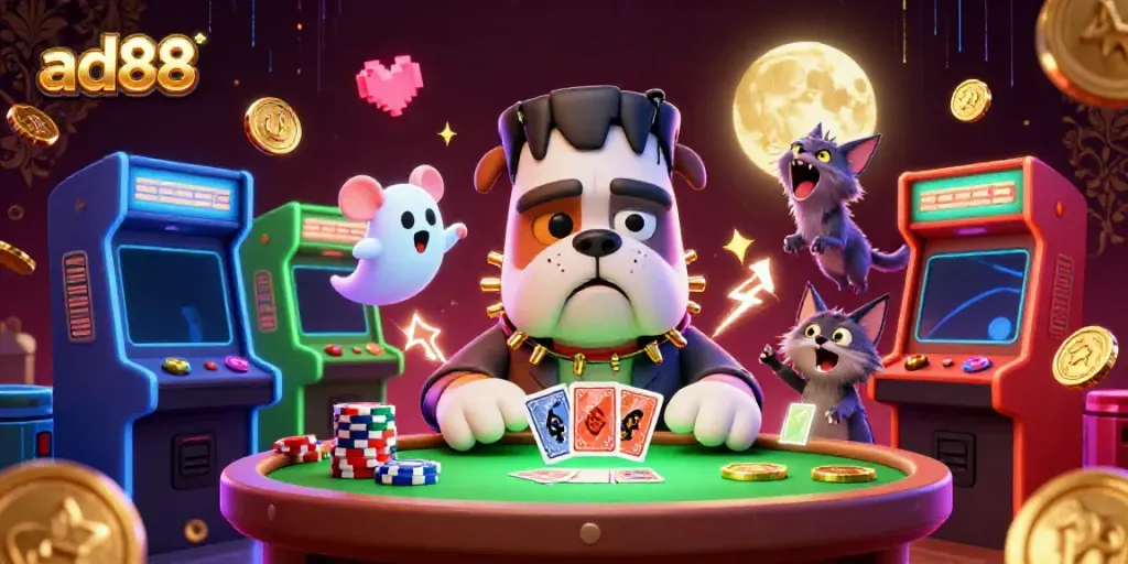 Experience the excitement of ad88 with a vibrant casino-themed illustration featuring iconic characters.