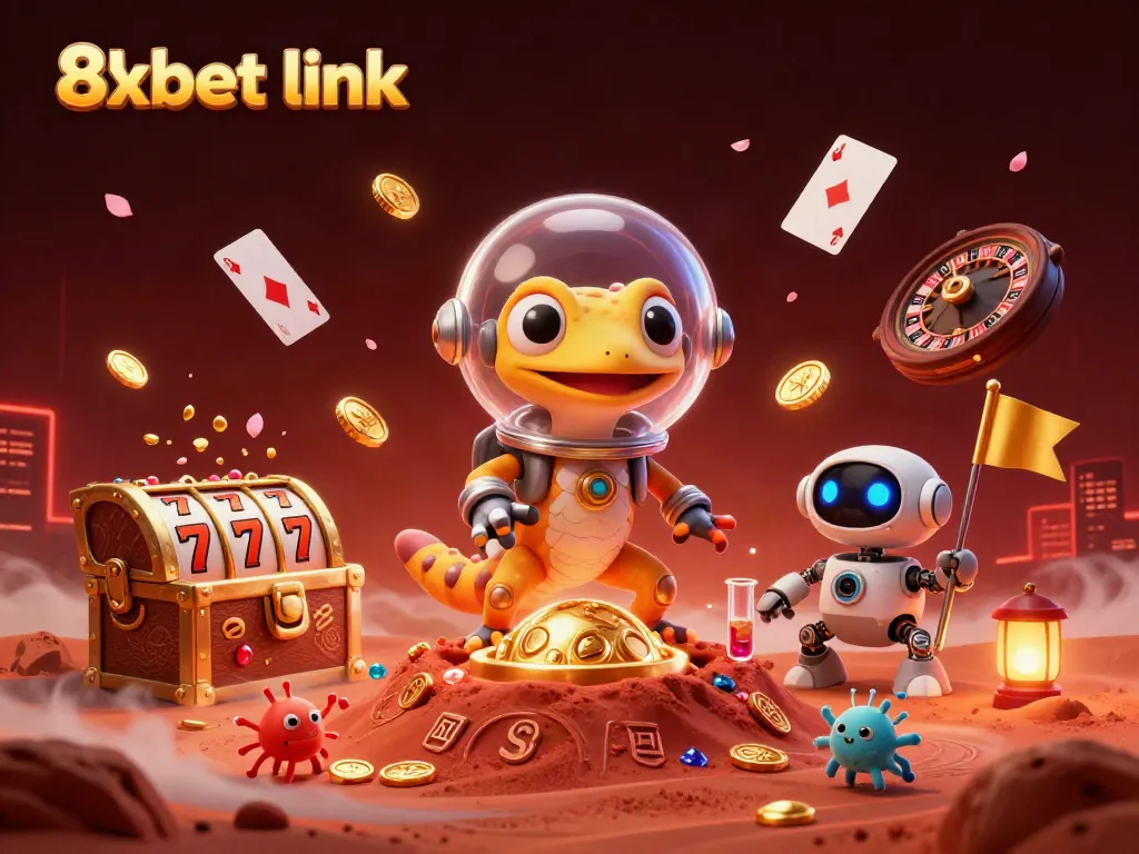 Join the adventure with 8xbet link as our Martian gecko navigates a dazzling casino world!