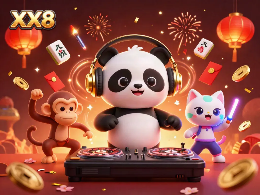 Experience the excitement of XX8 with vibrant animated characters celebrating casino games and joyful atmosphere.