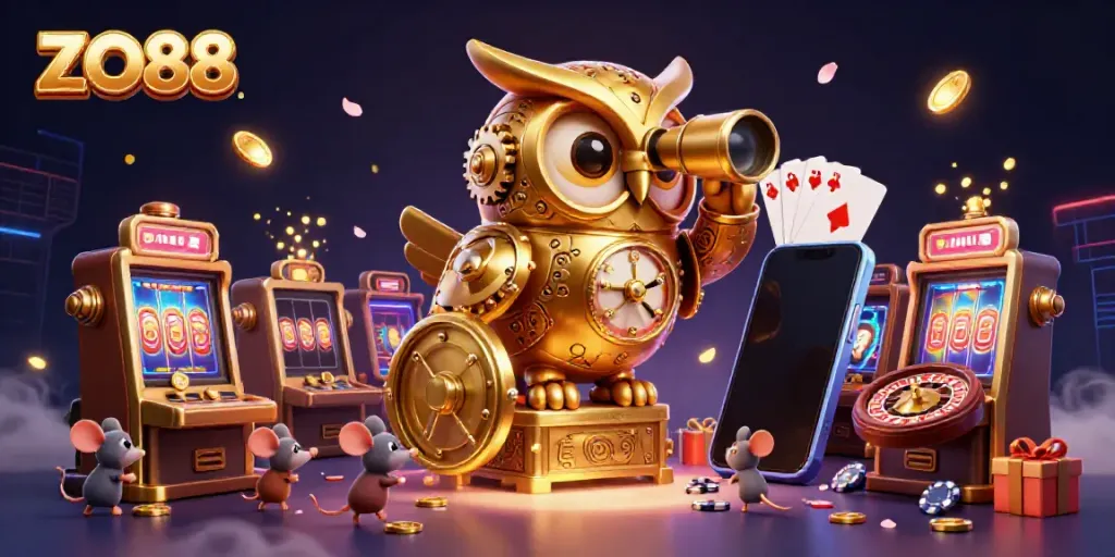 Engage with ZO88's vibrant casino scene featuring an ornate owl and dynamic game elements.