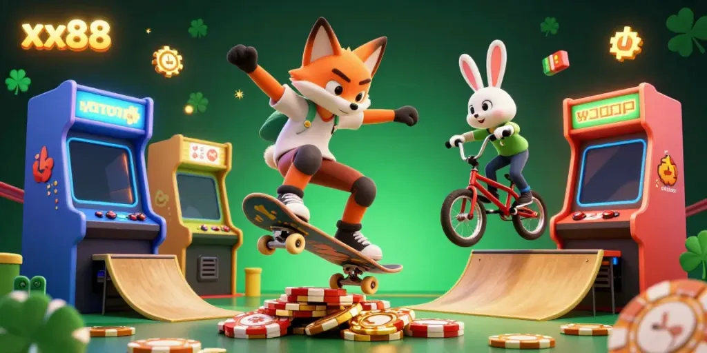 Experience the fun of xx88 with a cartoon fox skateboarding over golden poker chips surrounded by arcade game excitement.