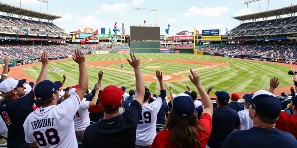 MLB 중계가 진행 중인 야구 경기에서 열광하는 팬들의 모습