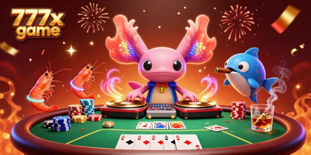 Experience the excitement of the 777x game with vibrant characters and casino elements creating a dynamic party scene.