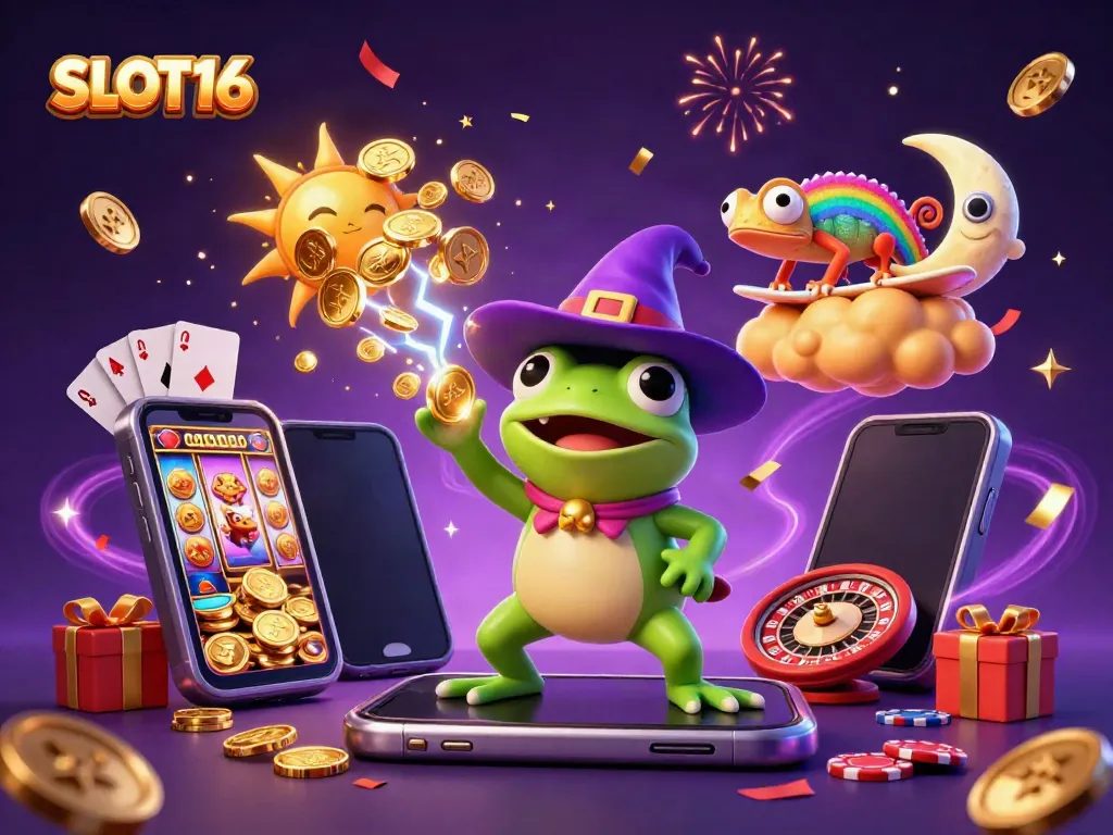 SLOT16 showcases a vibrant scene with a wizard frog and chameleon, exuberantly surrounded by casino elements.