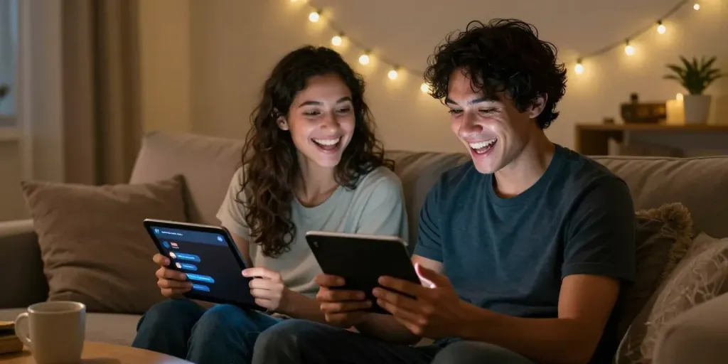 Engaging couple enjoying an ai sex chat on smartphones in a cozy setting.