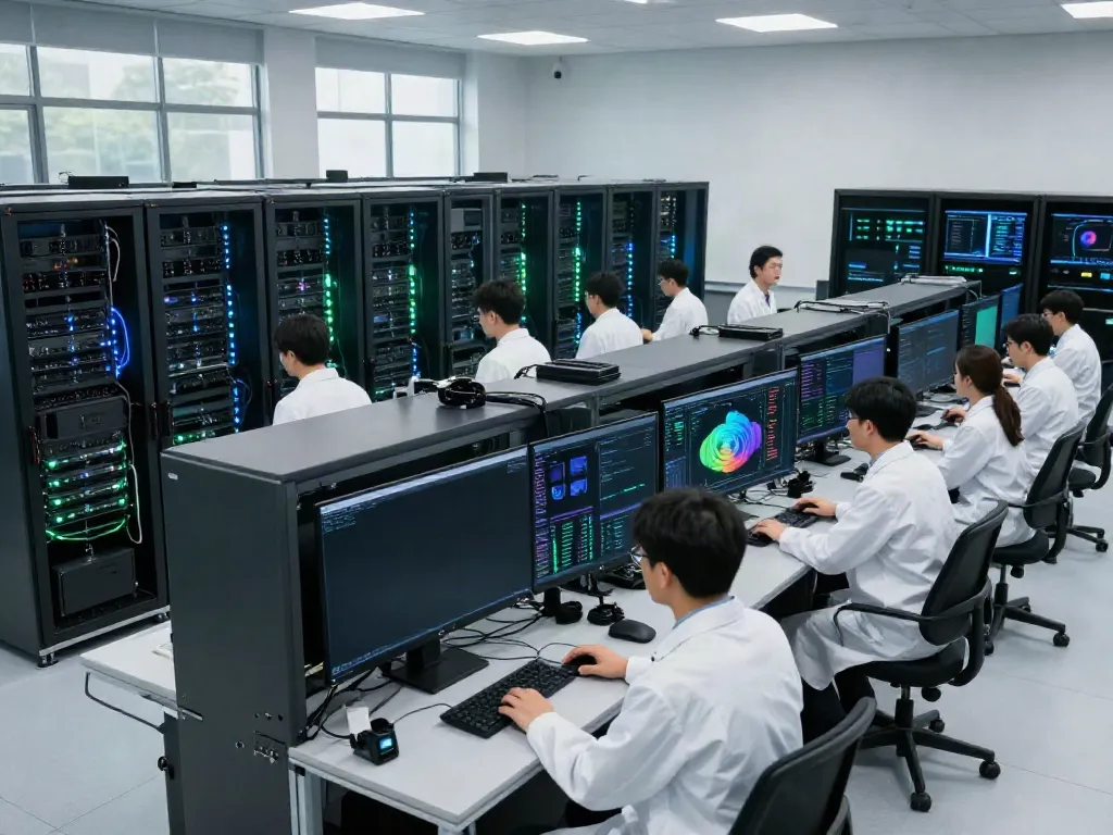 Dynamic view of AI data center with GPU computing team monitoring advanced workloads.