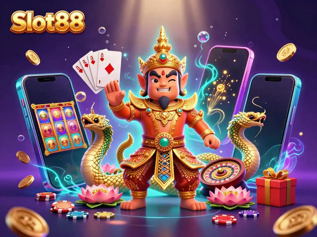Experience Slot88 with vibrant slot games, golden coins, and colorful characters in a dynamic casino scene.