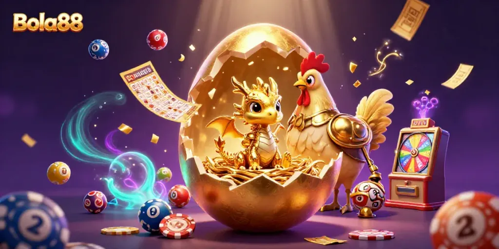 Bola88 showcases a golden dragon on poker chips amidst vibrant lottery balls, symbolizing excitement in gaming.