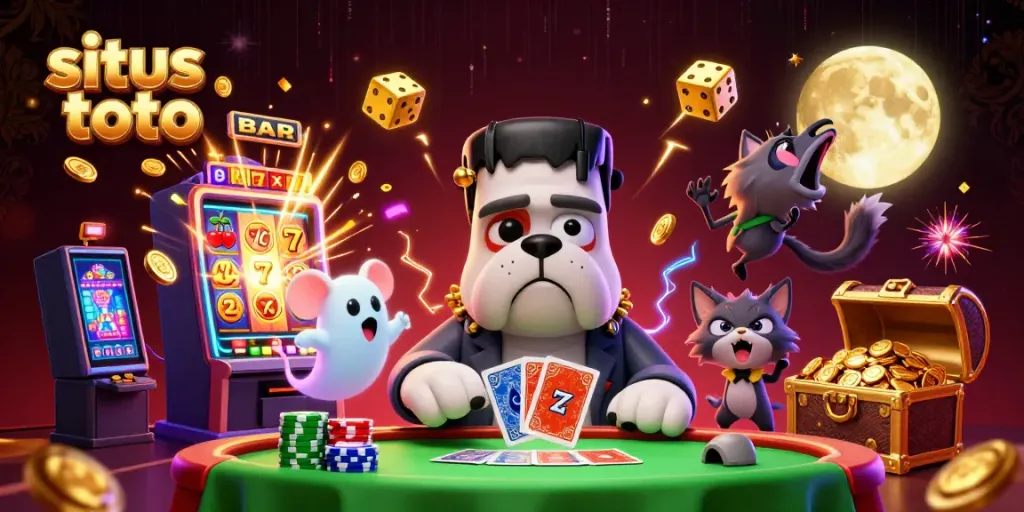 Experience excitement on situs toto with a 3D cartoon scene featuring lively casino characters.