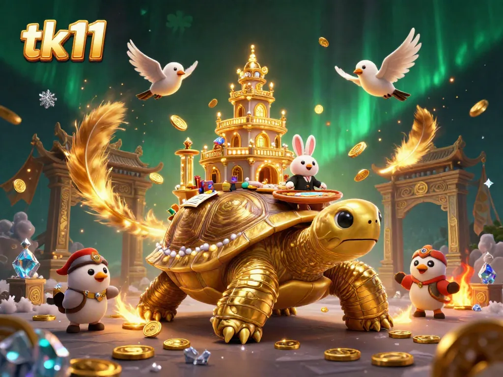 Experience thrilling action at tk11 with a golden tortoise casino and a rabbit dealer amidst flying coins.