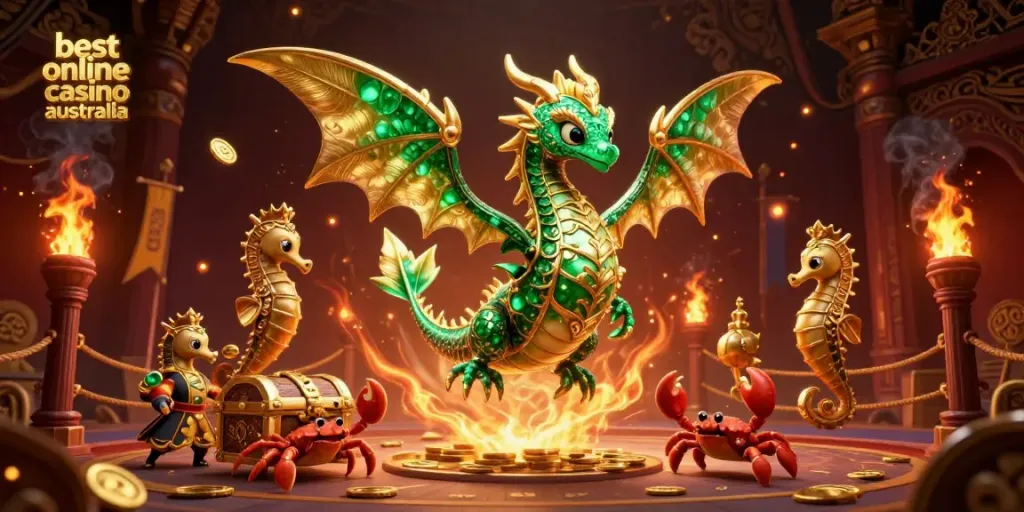 Experience the best online casino Australia with a vibrant 3D sea dragon and treasure chest scene.