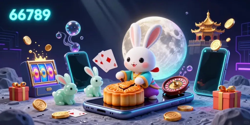 Experience the magic of 66789 as a moon rabbit reveals poker chips from mooncakes amidst vibrant slots and casino elements.