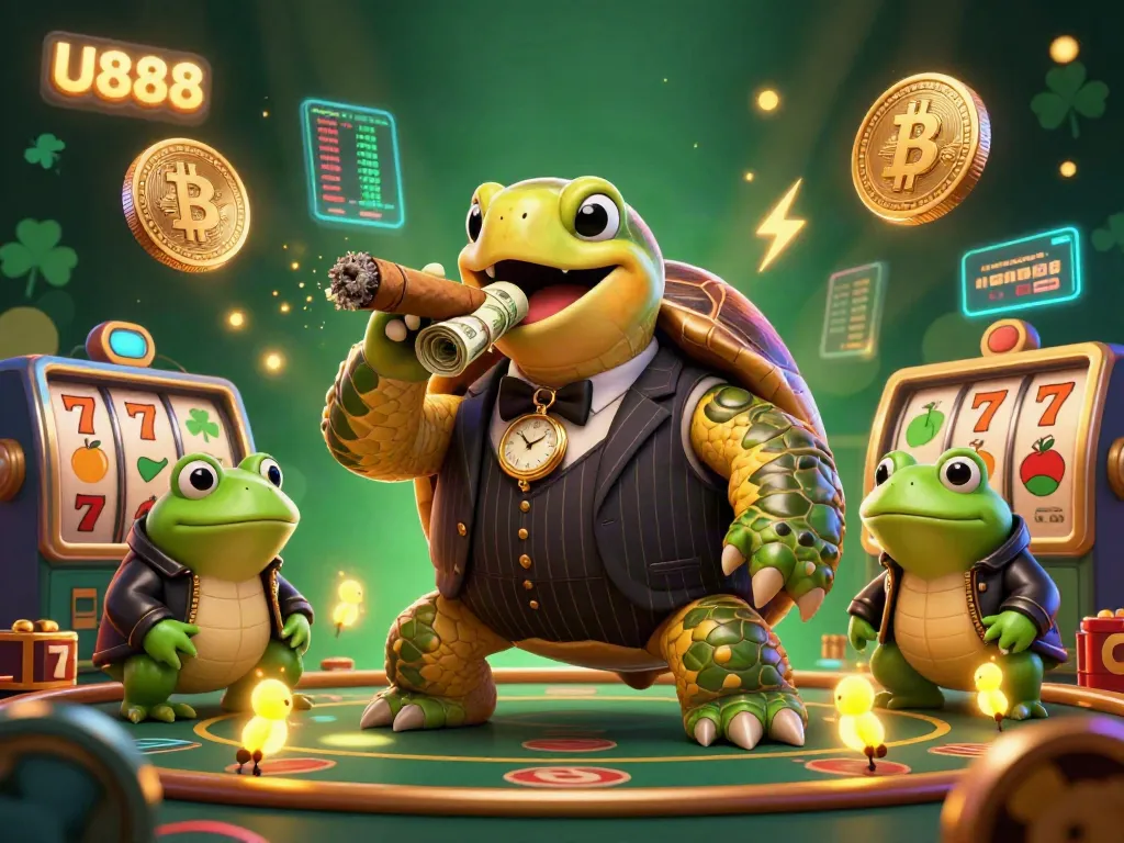 Experience thrilling gameplay with U888’s casino concepts featuring a cartoon turtle and frogs in action.