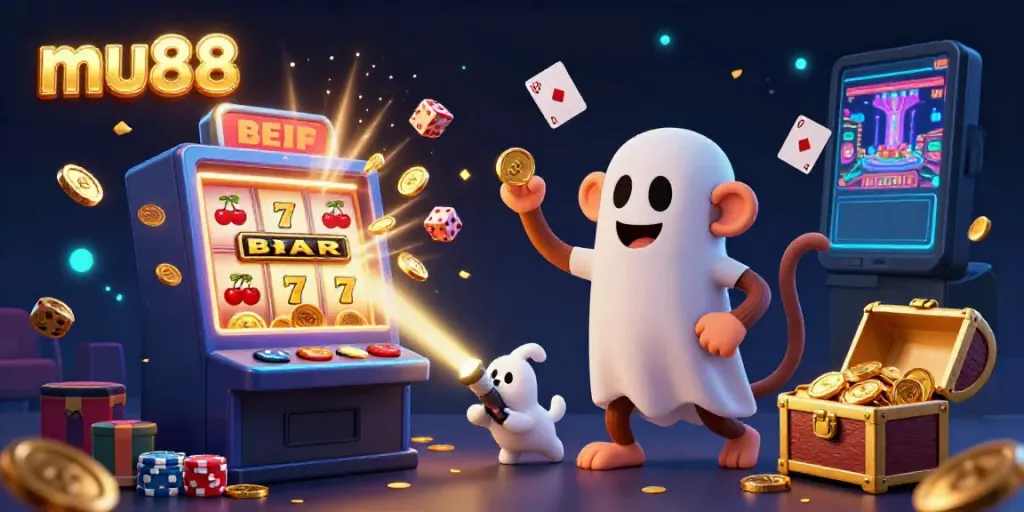 Experience mu88's vibrant casino atmosphere with a ghostly monkey juggling gold, enhancing the thrill of online gaming.