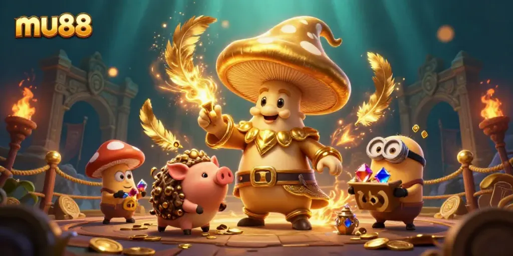 Engage with mu88's exciting casino experience featuring vibrant characters and golden treasures.