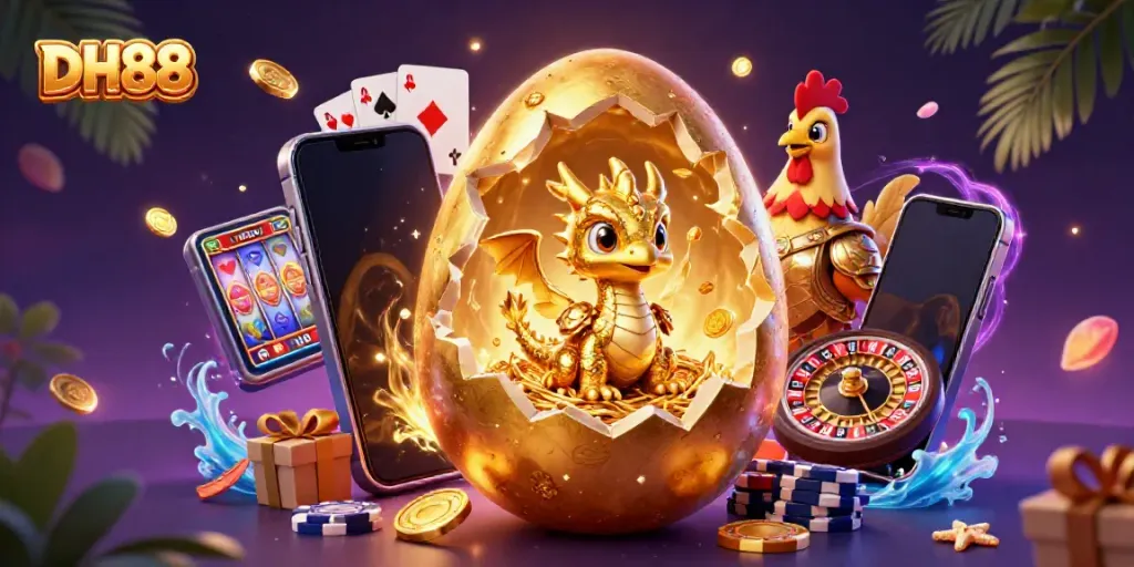 Engage in thrilling gaming with DH88, showcasing a vibrant scene of a golden dragon amidst poker chips and dynamic casino elements.